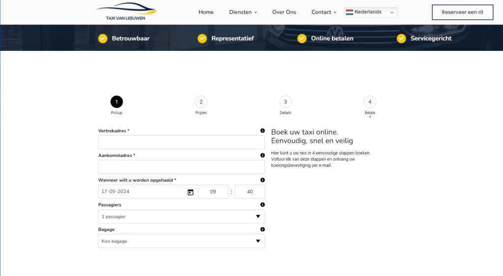 Eenvoudig online boekingssysteem voor taxi van Schiphol naar Amsterdam